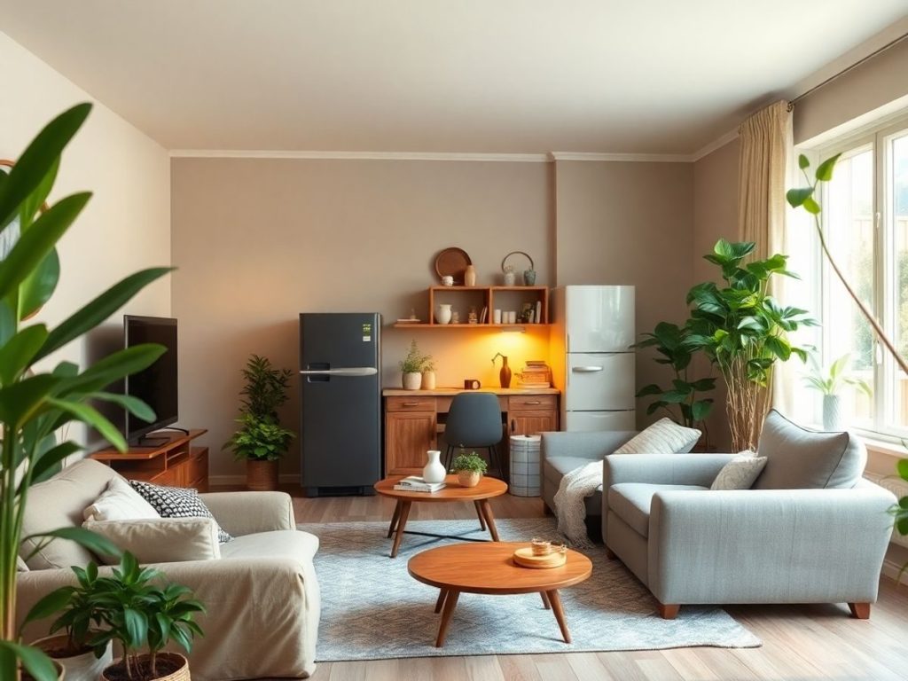 Sfaturi pentru economisirea energiei care îți reduc facturile 3 Cameră de zi confortabilă cu plante și electrocasnice eficiente.