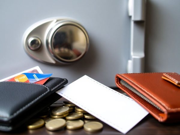 Bani, seif, blocare, cheie, portofel, carduri, monede, economii, protecție.